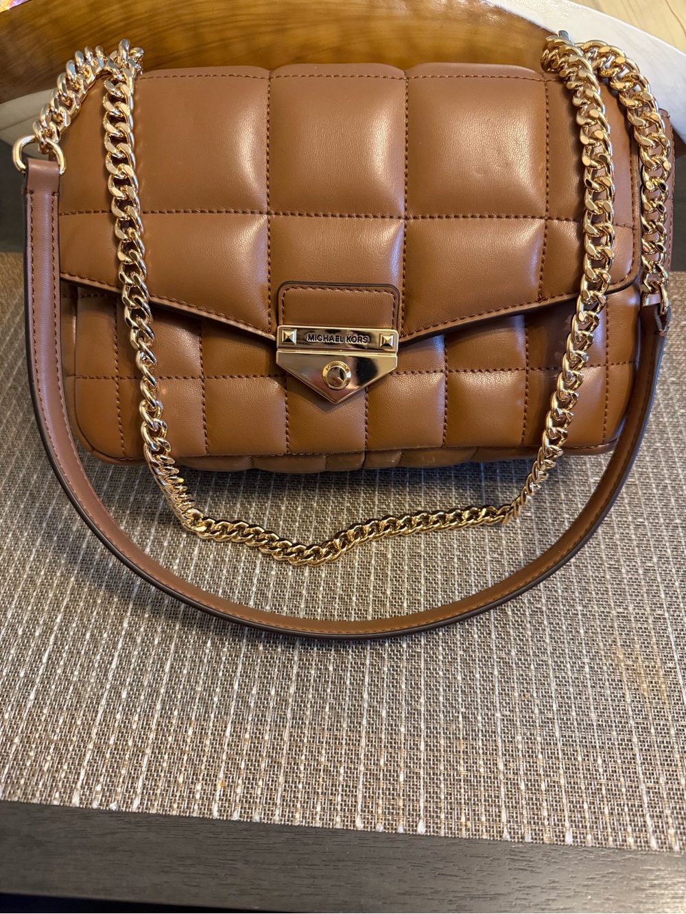 MICHAEL KORS Quilted Puffer Shoulder Bag in Cognac Brown with Gold Hardware